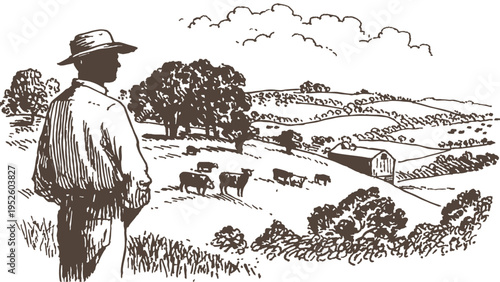 Farmer watching grazing cows rural farmland view. Agricultural worker standing above pasture and barn landscape. Detailed hand drawn pencil sketch illustration style, background for livestock themes.