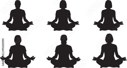 Six Black Silhouettes of People Meditating in Lotus Position