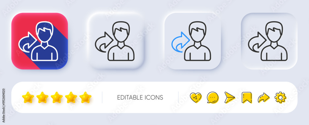 Fototapeta premium Share refer line icon. Neumorphic, Flat shadow, 3d buttons. User or businessman person sign. Male silhouette symbol. Line share icon. Social media icons. Vector
