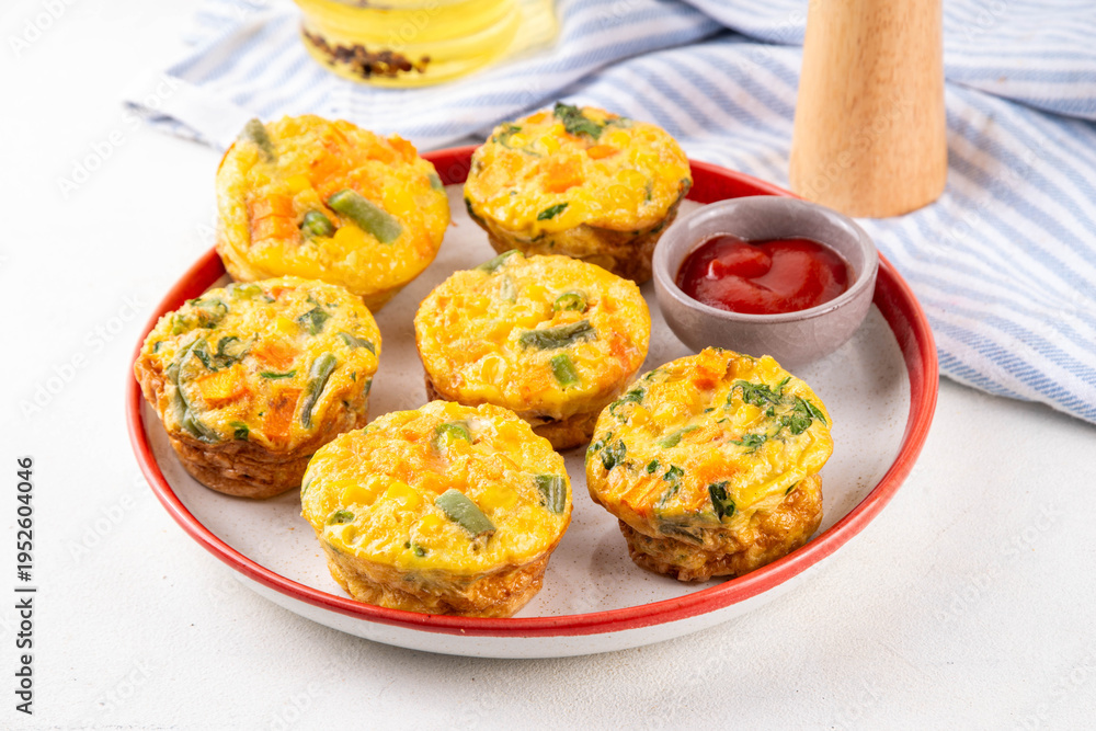 Fototapeta premium Loaded egg bites with spring vegetables, spinach, carrot, tomato, green beans, healthy vegan diet food recipe for brunch, breakfast, Simple and quick baked eggs balanced snack