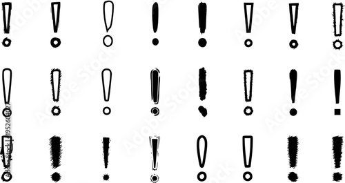 Collection of 24 different hand-drawn and grunge style exclamation marks, including solid, outline, and brush stroke variations, perfect for warning, attention, or emphasis.