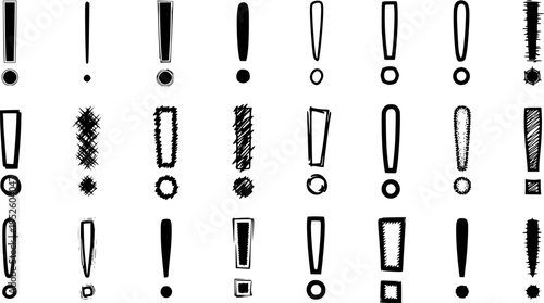 Diverse Collection of Hand-Drawn Exclamation Mark Icons in Various Styles. A set of unique, textured, and outlined symbols for emphasis, alerts, and warnings.