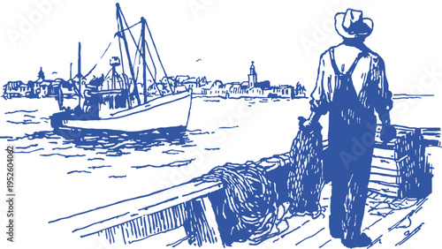 Fisherman holding net harbor working back view. Man standing on pier near fishing vessel. Banner for maritime profession advertising. Classic pencil illustration sketch style.