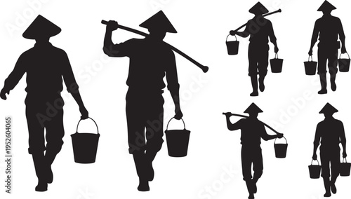Silhouettes of farmers walking with buckets and tools slowly