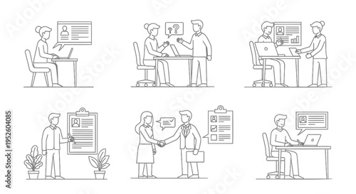 Set of 6 business people icons vector, office workplace illustrations