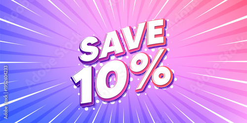 Discount sun rays gradient banner. Light burst background. Save 10 percent off tag. Sale Discount offer price sign. Special offer symbol. Gradient sun rays. Sunburst light. Vector