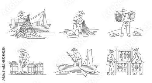 Set of 6 fishing icons vector, fishermen illustrations
