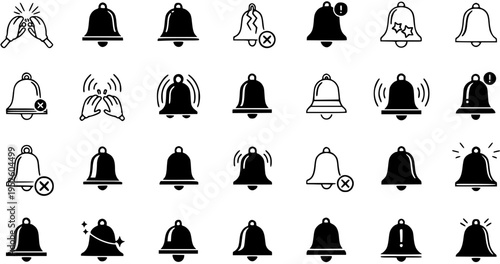 Bell Notification and Alert Icons Set: Various UI Symbols for Ringing, Muted, and Active Digital Messages