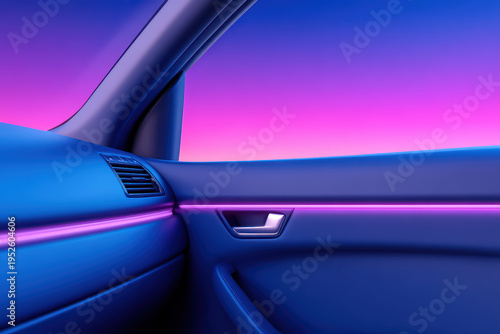 Car interior dashboard door handle ambient lighting blue purple modern design vehicle close up minimal style
