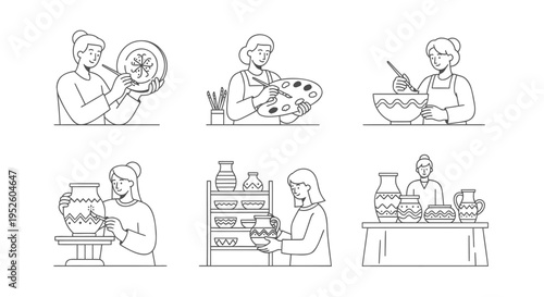 Set of 6 bakery icons vector, line style, black and white