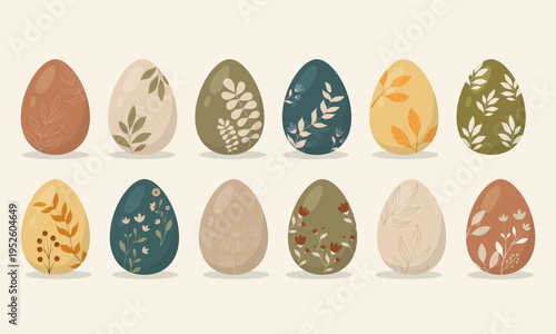 Pastel Easter Egg Collection with Leaf Pattern Vector Set and Nature Inspired Designs, vector illustration.
