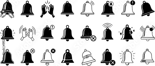 Comprehensive vector set of bell icons for notifications, alarms, and alerts. Includes ringing, silent, new message, disabled, and attention symbols in black and white styles.