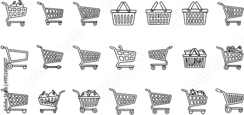 Set of Shopping Cart and Basket Line Art Icons for E-commerce, Retail, and Grocery Store Concepts