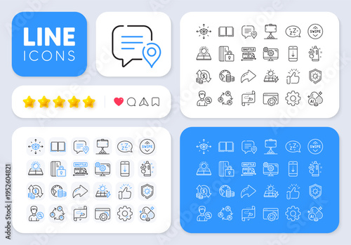 Chat bubble, Swipe up and Target path line icons for web app. Message, Share, Like social media icons. Pack of Blocked card, Solar panels, Budget pictogram icons. Vector