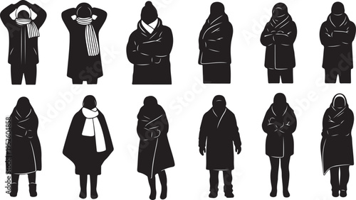Silhouettes of people wearing coats and scarves in various poses