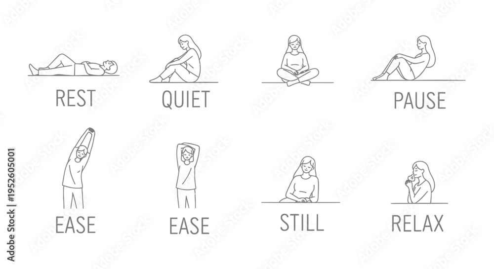 Fototapeta premium Set of 8 yoga poses icons vector, meditation and relaxation illustrations