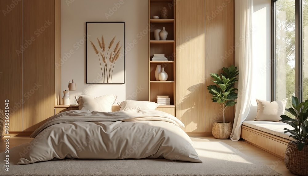 Fototapeta premium Sunlit bedroom with natural wood furniture and soft neutral bedding. A calming space with large windows, indoor plants, and minimalist decor. Peaceful sanctuary for relaxation and rest.