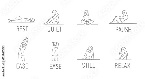Set of 8 yoga poses icons vector, meditation and relaxation illustrations