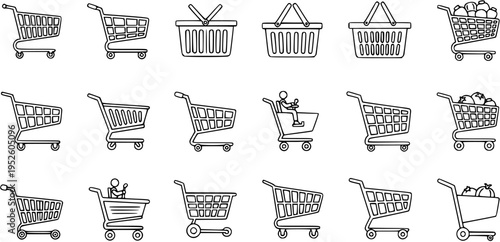 Set of diverse shopping cart and basket line art icons for e-commerce, retail, and market websites. Outline collection for grocery and online store concepts.