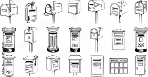 Collection of Hand-Drawn Mailboxes and Post Boxes. Various styles of postal letterboxes, from vintage pillar boxes to modern wall-mounted designs, communication and delivery icons set.