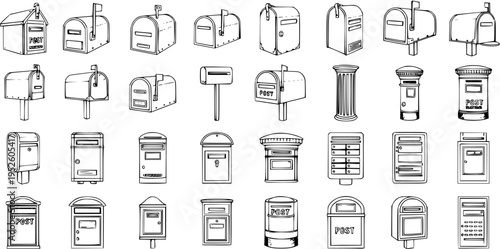 Detailed Hand-Drawn Sketch Set of Various Mailboxes and Postboxes, Outline Vector Collection
