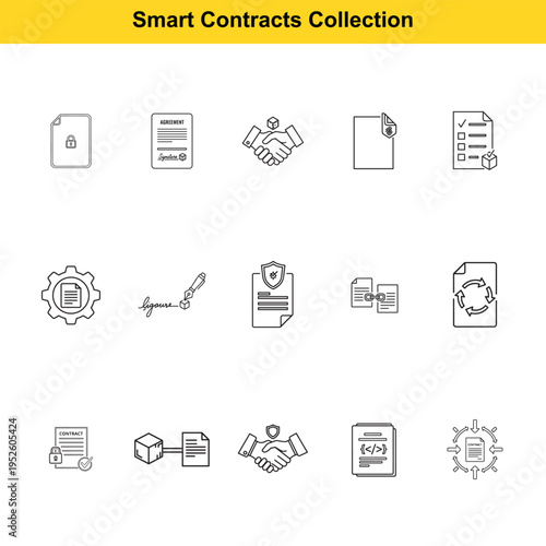 A set of outline icons depicts crucial elements of smart contracts, including digital signatures, secure documents, blockchain cubes, and legal agreement concepts.