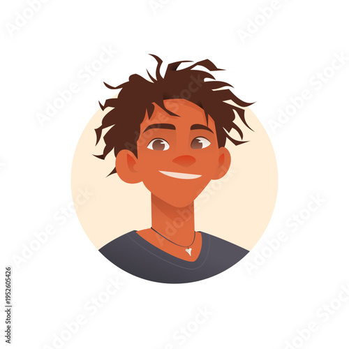 Bright cartoon avatar of a smiling young man with tousled curly hair, brown skin, and a necklace. Flat vector portrait in a round frame. Great for profiles, youth themes, and casual design