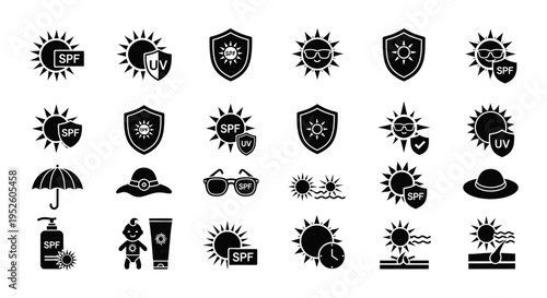black sun protection icons for spf and uv safety illustrating summer beach and outdoor skin care.