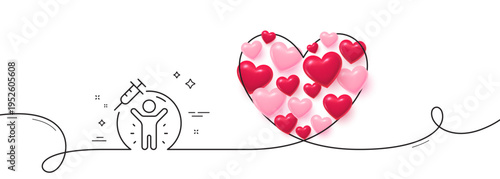 Vaccine protection line icon. Continuous line big heart. Vaccination syringe sign. Jabbed people symbol. 3d hearts in heart shaped loop. Vaccine protection single line ribbon. Vector