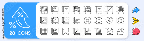Dimension line icons. Interest rate, AI generate, Inflation icons. Square meter, Area size and Floor plan set. Box size dimension, room space and perimeter line icons. Vector