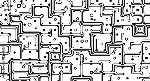 seamless black and white circuit board pattern background illustrating digital connectivity and data flow for modern technology designs.