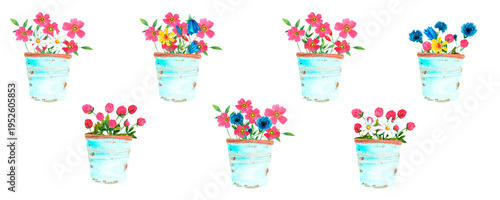 A summer watercolor composition featuring potted flowers and wildflowers. Flower pots of various shapes, hand-painted in a unique style.