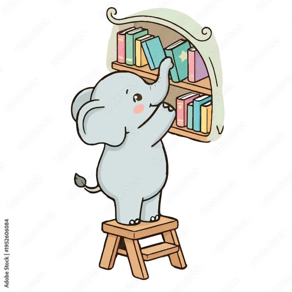 Αυτοκόλλητο Cute cartoon baby elephant happily reading a book surrounded by fun animal vibes