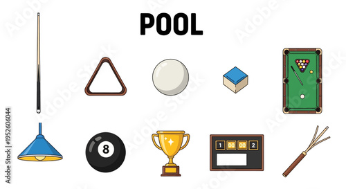Billiards pool game icons and objects.