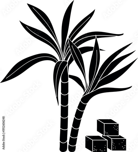 Black silhouette of sugarcane stalks with leaves and sugar cubes isolated on white background	