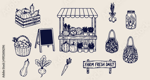 Street Vendor Silhouettes, Market Stall Icons, Farm Fresh Vectors, Shop Illustrations, Produce Bag Set, Daily Market Pack, Navy Patterns