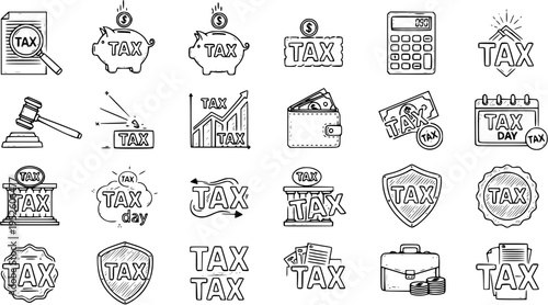 Tax Icon Set: Hand-Drawn Vector Illustration