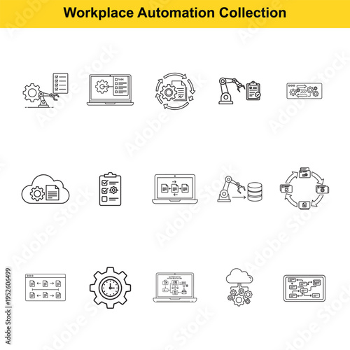 A set of outline icons illustrates workplace automation elements such as cloud data synchronization, task checklists, process diagrams on laptops, and robotic integration with databases.