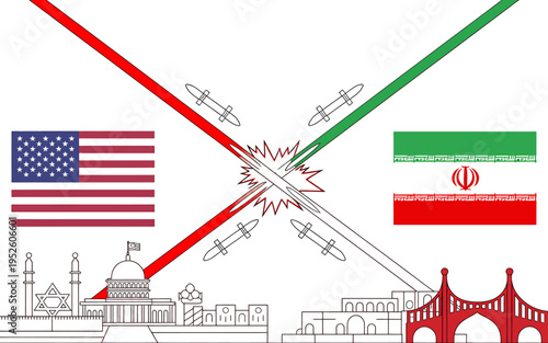 US and Iran conflict illustration with flags and city landmarks and missiles  war concept