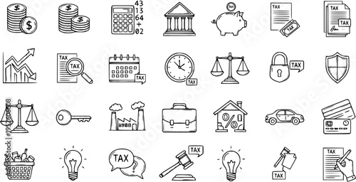Hand Drawn Finance, Business, and Tax Icons Set. Doodle Sketch Collection of Economy, Legal, and Accounting Symbols.