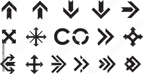 Collection of black directional symbols and arrows on white background