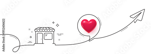 Market line icon. Continuous line with share plane. Wholesale store sign. Retail marketplace symbol. 3d heart in speech bubble. Market single line ribbon. Loop curve pattern. Vector