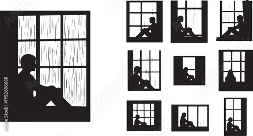 Silhouettes of people sitting by windows in various sizes