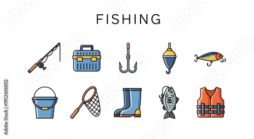 Fishing equipment and gear icons set.
