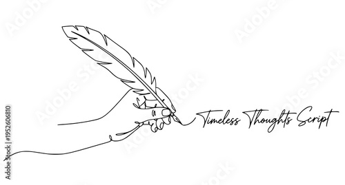 A minimalist line art illustration of a hand holding a feather quill pen