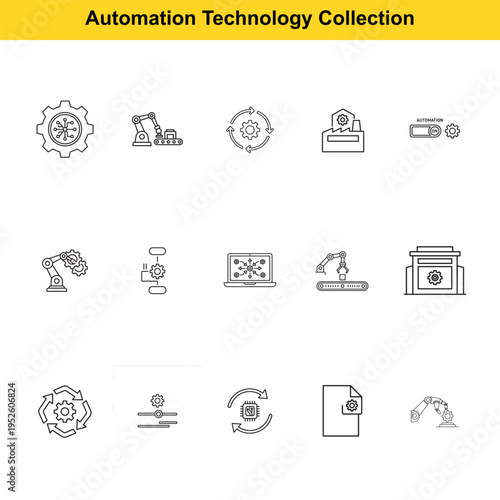 Various abstract line icons depict industrial automation concepts such as robotic arms, interconnected gears, process flow charts, and centralized control systems for manufacturing.