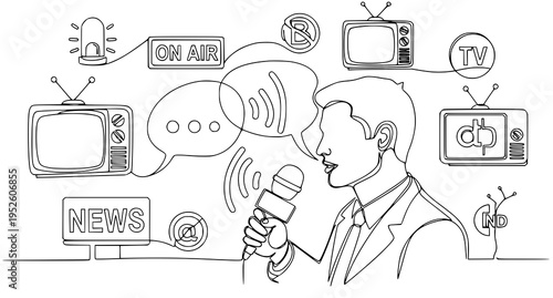 A vector illustration of a news anchor surrounded by various media icons