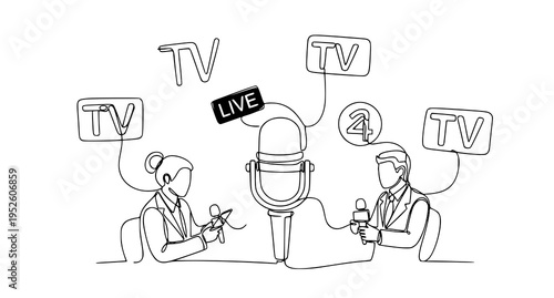 A minimalist line art illustration of two journalists interviewing with a microphone and TV screens