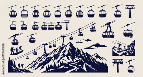 Mountain Silhouettes, Cable Car Icons, Ski Lift Vectors, Landscape Illustrations, Nature Adventure Set, Hiking People Pack, Scenic Navy Design