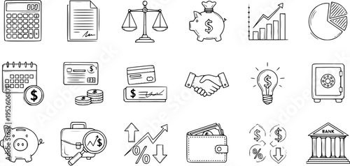 Hand-drawn Finance and Business Icons Set - Money, Banking, Investment, Accounting Doodle Sketch